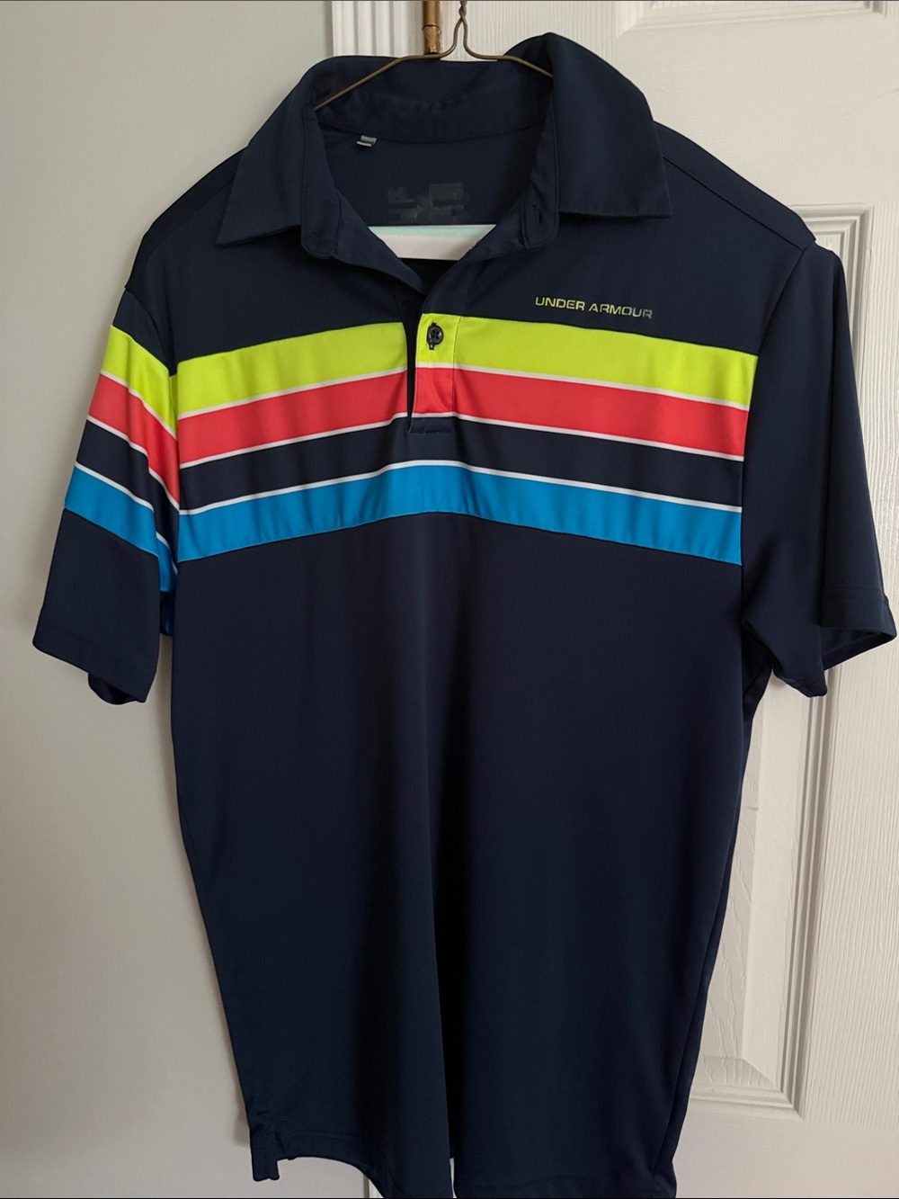 Under Armour Navy Golf Polo with Neon Yellow, Red & Blue Stripes size Medium